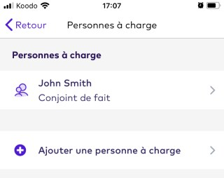 Écran Gérer les personnes à charge sur l'application League