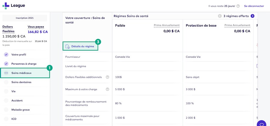 Onglet médical de l'écran d'inscription avec le bouton Détails du plan en surbrillance