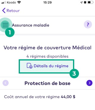 Écran d'assurance médicale sur l'application League avec le bouton Détails du plan en surbrillance