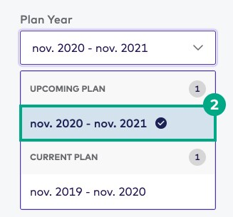 sélecteur de date de l'année du plan d'avantages sociaux avec l'année du plan à venir en surbrillance