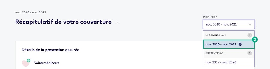 votre écran récapitulatif de couverture sélecteur de date de l'année du plan avec l'année du plan à venir en surbrillance