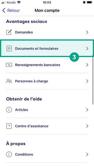 Écran de menu sur l'application mobile League avec le bouton Documents et formulaires en surbrillance