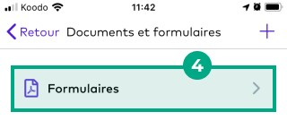 Bouton Formulaires mis en surbrillance dans l'écran Documents et formulaires de l'application League