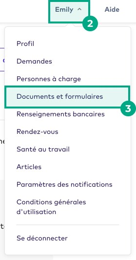 Écran de menu sur l'application du site Web de la Ligue avec le bouton Documents et formulaires en surbrillance