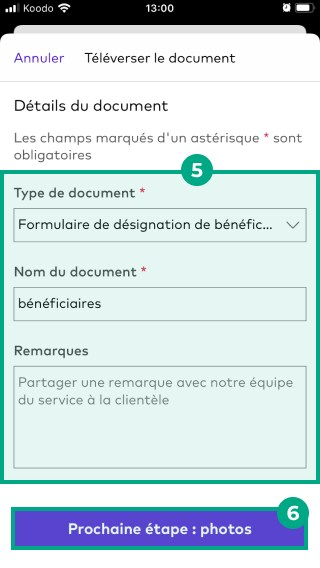 Écran Télécharger un document sur l'application mobile League