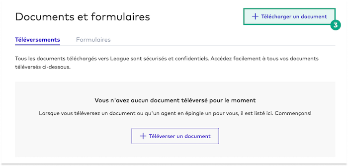 Page Documents et formulaires du site Web de la Ligue avec le bouton Télécharger un document en surbrillance