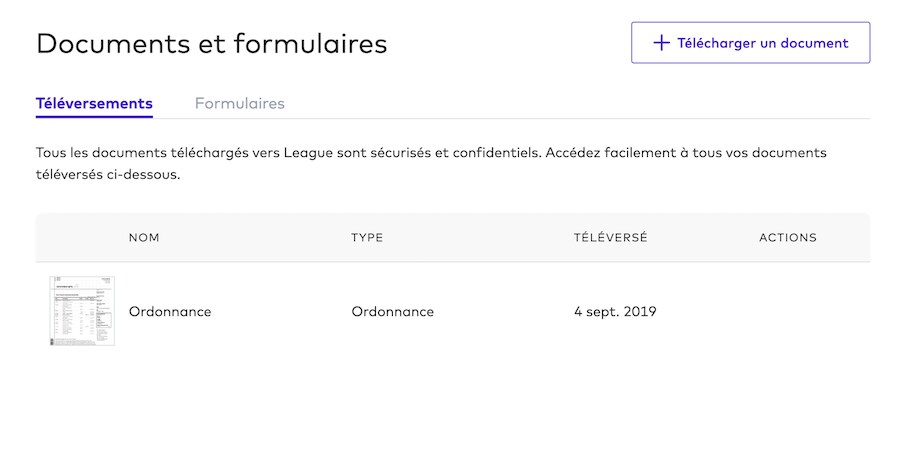 Écran Documents et formulaires du site Web de la Ligue avec un document en surbrillance