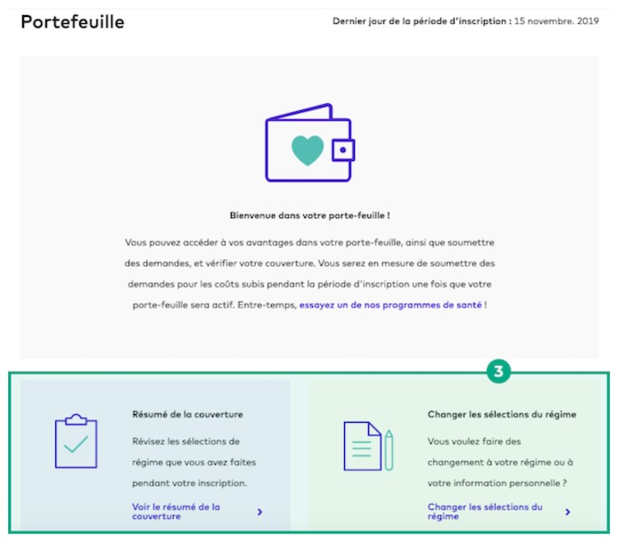 Écran du portefeuille pendant la période d'inscription sur le site Web de la Ligue avec les sections récapitulatif de la couverture et sélections de plan de changement mises en évidence