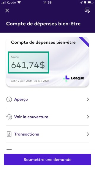 Écran du compte de dépenses de style de vie sur l'application mobile League avec le solde du compte en surbrillance