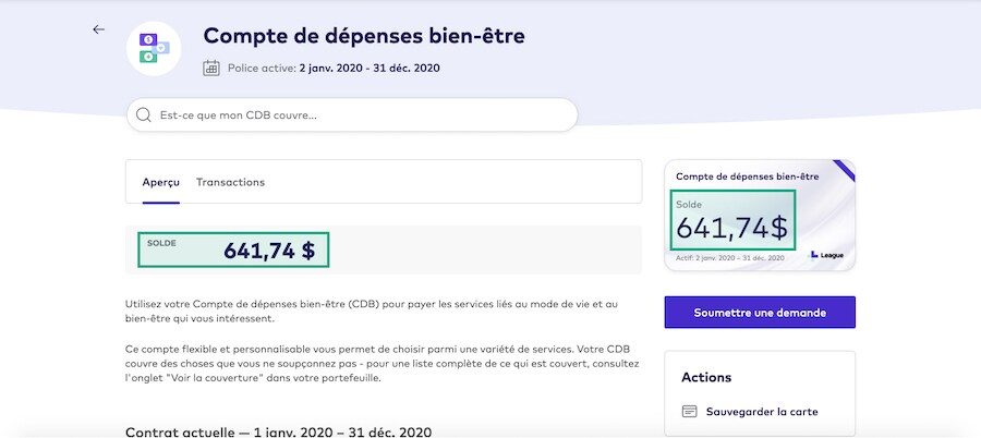 Écran du compte de dépenses de style de vie sur le site Web de la Ligue avec le solde du compte en surbrillance