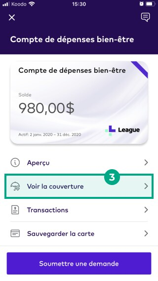 Écran du compte de dépenses Lifestyle sur l'application mobile League avec le bouton Afficher la couverture en surbrillance