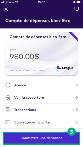 Écran du compte de dépenses Lifestyle sur l'application mobile League avec le bouton Soumettre la demande en surbrillance