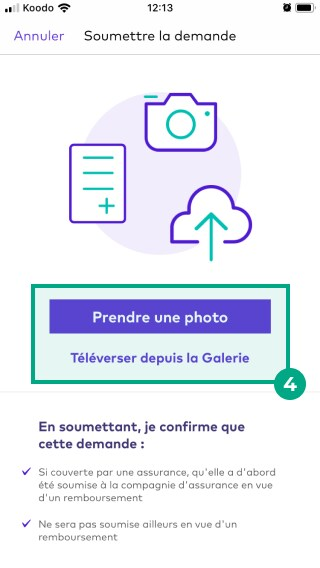 Écran Soumettre une réclamation sur l'application mobile League avec la section de téléchargement de photos en surbrillance