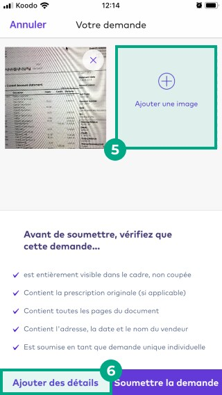 Écran des détails de la création de la demande sur l'application League avec le champ d'image d'ajout et le bouton d'ajout de détails en surbrillance