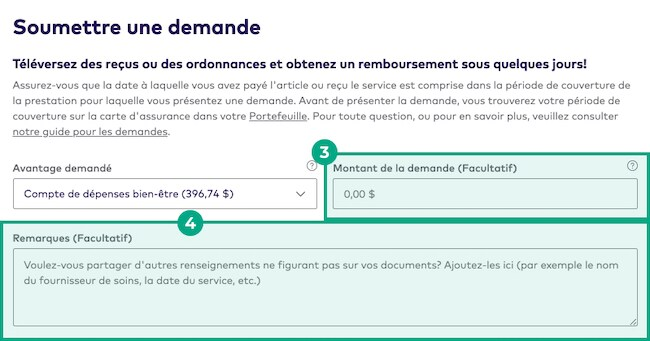 Soumettre une page de réclamation sur le site Web de la Ligue avec les champs Montant et Remarque mis en surbrillance