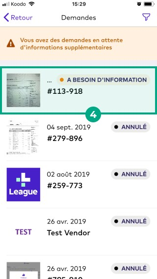 Écran de réclamations sur l'application mobile League avec une réclamation en surbrillance