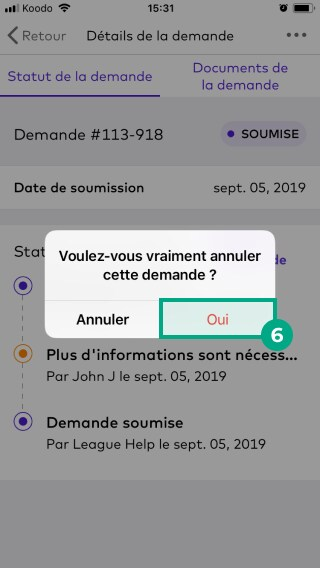 Annuler la fenêtre contextuelle de confirmation de réclamation avec le bouton Oui en surbrillance sur l'application League