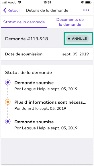 Page des détails de la demande sur l'application League avec le statut de la demande annulée en surbrillance