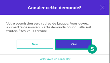 Annulation de la fenêtre contextuelle de confirmation de réclamation avec le bouton Oui en surbrillance sur le site Web de la Ligue