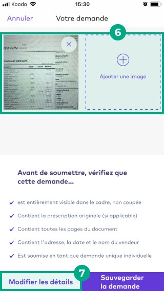 Écran des détails de la création de la demande sur l'application League avec le champ d'ajout d'image et le bouton de modification des détails en surbrillance