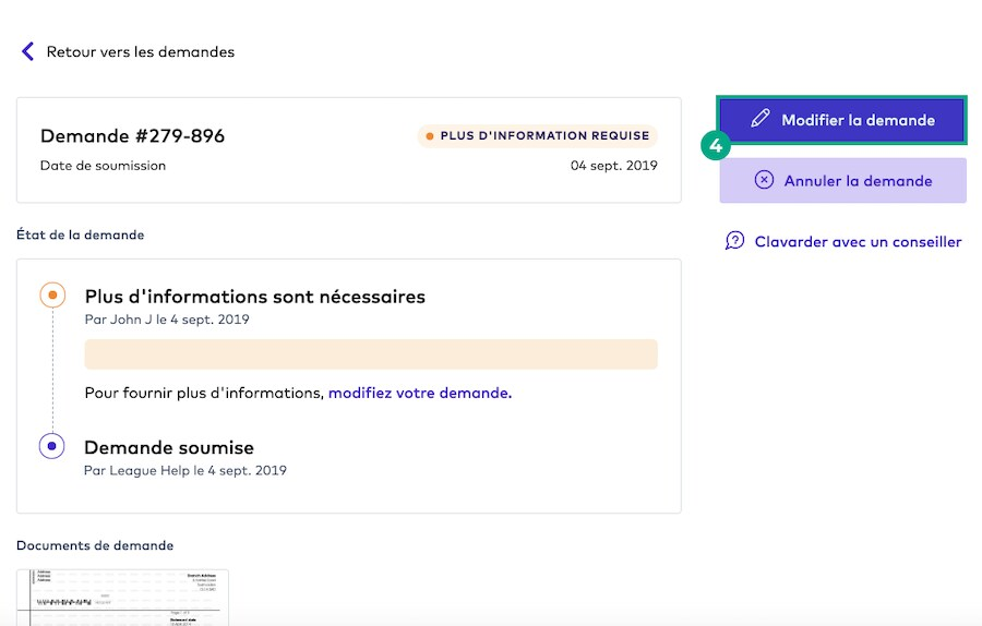 Page Détails de la réclamation sur le site Web de la Ligue avec le bouton Modifier la réclamation en surbrillance