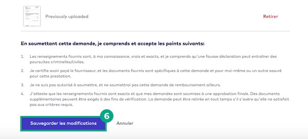 Page Modifier la réclamation sur le site Web de la Ligue avec le bouton Enregistrer les modifications en surbrillance