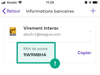 Écran de transfert électronique d'informations bancaires interac sur l'application League avec le code d'accès en surbrillance