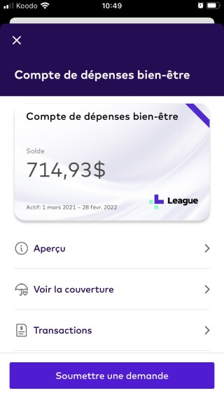 Écran du compte de dépenses de style de vie sur l'application League