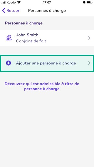 Écran Gérer les personnes à charge sur l'application League avec ajouter un bouton dépendant en surbrillance