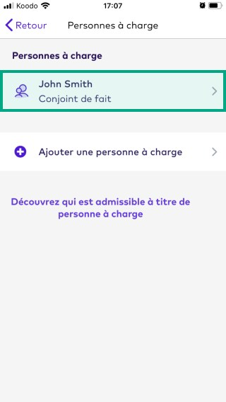 Écran Gérer les personnes à charge sur l'application League avec une personne à charge en surbrillance