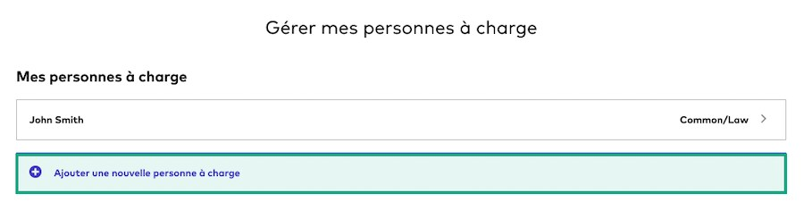 écran de gestion des personnes à charge sur le site Web de la Ligue avec le bouton ajouter une personne à charge en surbrillance