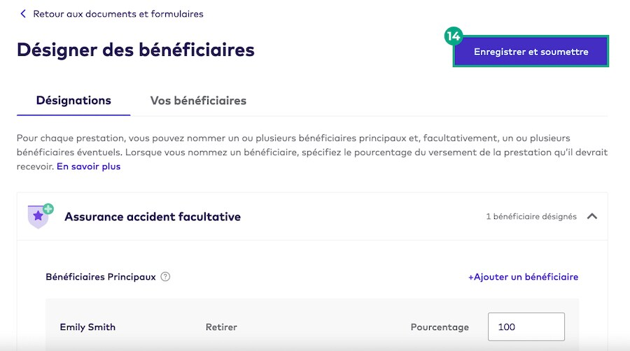 Page de désignation des bénéficiaires sur le site Web de la Ligue avec le bouton enregistrer et soumettre en surbrillance