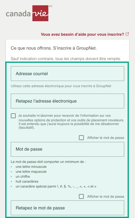 site Web de la canada-vie inscrivez-vous à la page groupnet avec les champs de courriel et de mot de passe mis en évidence