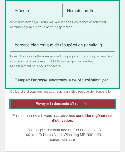 site Web de la canada-vie inscrivez-vous à la page groupnet avec le champ du prénom, le champ du nom de famille et le bouton de soumission de l'inscription mis en surbrillance