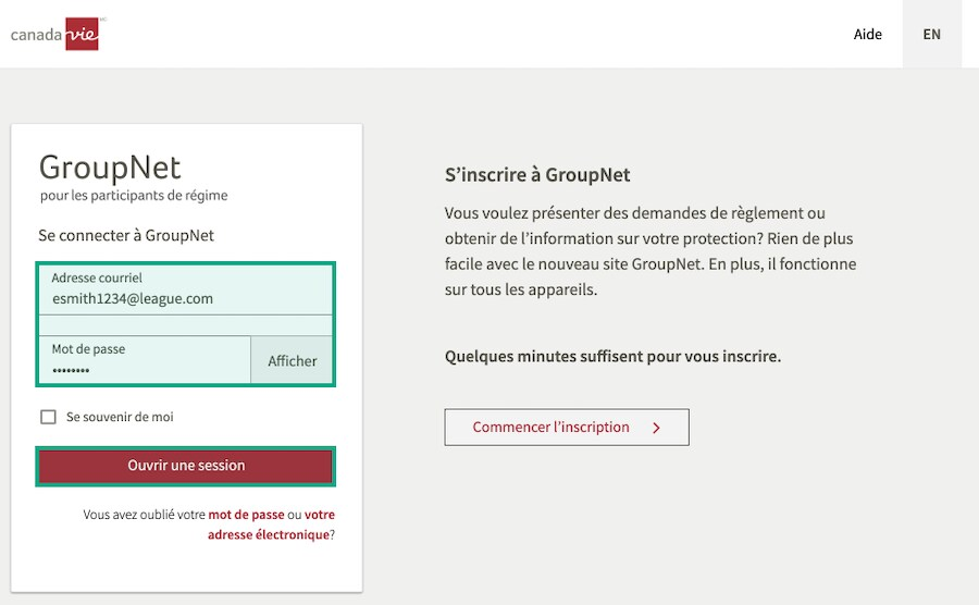 écran de connexion au site Web de la canada-vie avec le champ d'adresse de courriel, le champ de mot de passe et le bouton de connexion en surbrillance