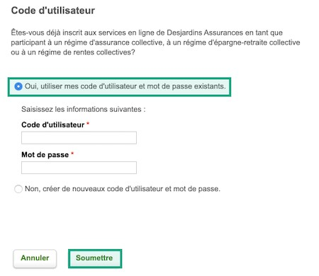 Écran d'identification d'utilisateur desjardins avec l'option Utiliser l'ID d'utilisateur existant cochée et le bouton Soumettre en surbrillance