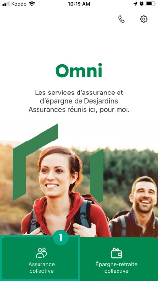 écran de l'application desjardins omni avec le bouton d'assurance collective en surbrillance