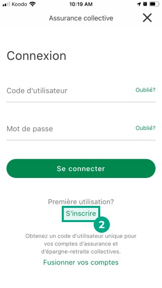 ouverture de session de l'application desjardins omni avec le bouton d'inscription en surbrillance