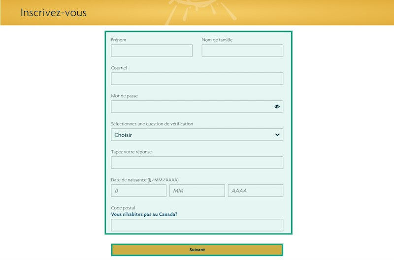 écran d'information sur l'inscription au site Web de la sun life avec les champs et le bouton suivant en surbrillance