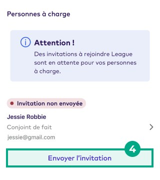 Écran des personnes à charge sur l'application mobile League avec le bouton Envoyer une invitation en surbrillance