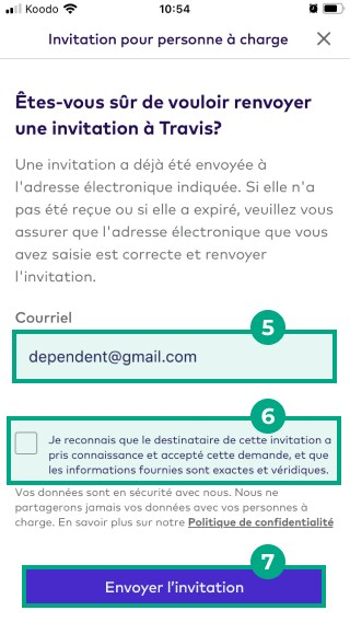 Écran d'informations dépendantes sur l'application League avec le champ e-mail, la case à cocher de satisfaction et le bouton Renvoyer l'invitation en surbrillance