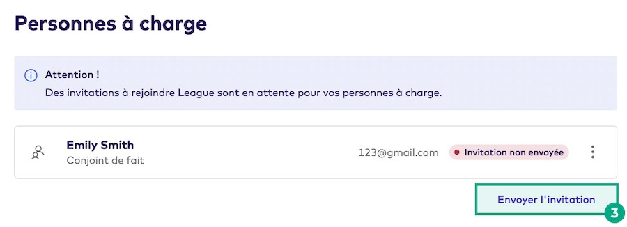 Une personne à charge répertoriée dans le compte League d'un utilisateur avec le bouton d'envoi d'invitation en surbrillance.