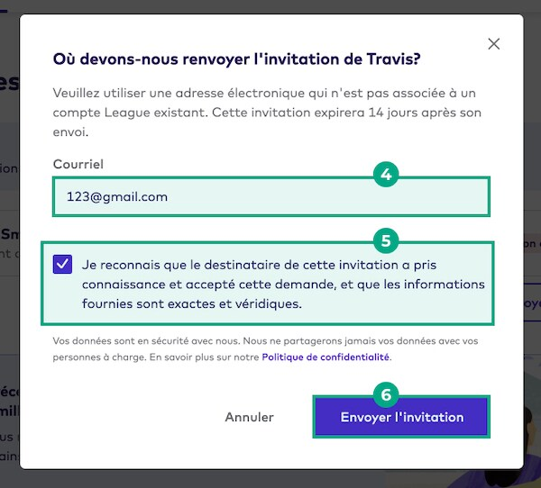 Fenêtre contextuelle d'invitation de personne à charge sur le site Web de la Ligue