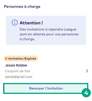 Écran des personnes à charge sur l'application mobile League avec le bouton Renvoyer l'invitation en surbrillance