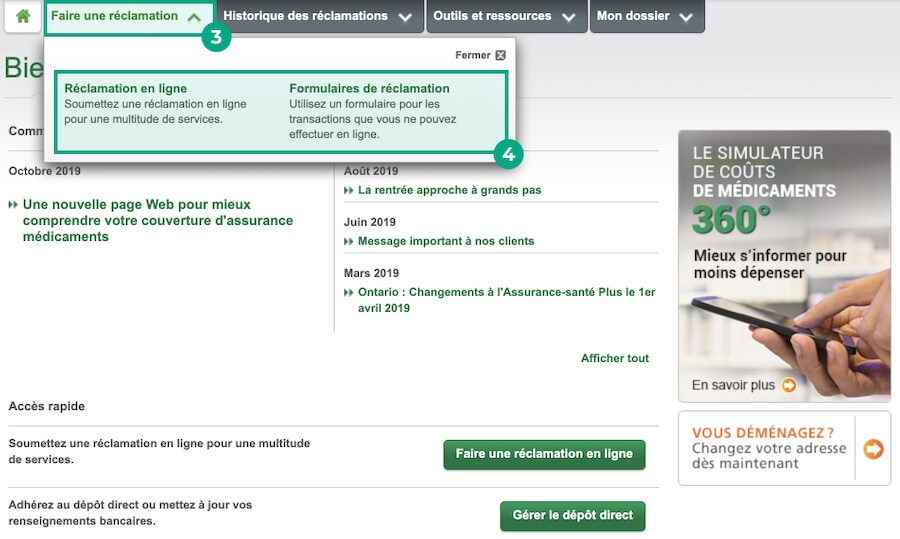 page Web de desjardins assurance avec bouton soumettre une réclamation et options de réclamation mises en évidence