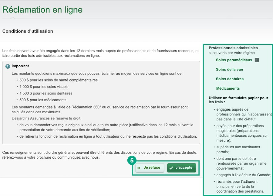 page Web de réclamation en ligne de desjardins avec les boutons accepter et refuser en surbrillance