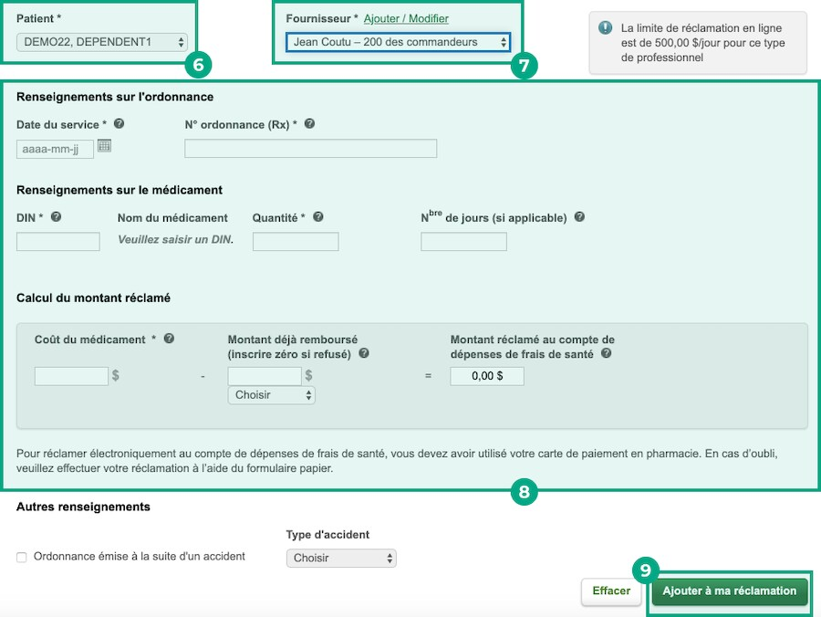 page de renseignements sur les patients de desjardins assurances