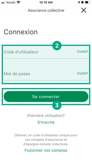 écran d'ouverture de session de l'application desjardins omni avec le champ d'identification de l'utilisateur, le champ du mot de passe et le bouton de connexion en surbrillance