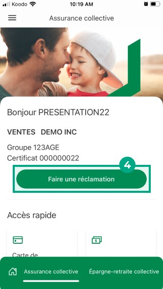 écran d'accueil de l'application desjardins omni avec le bouton déposer une réclamation en surbrillance