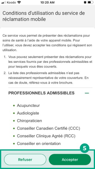 écran des conditions d'utilisation de l'application desjardins omni avec les boutons d'acceptation et de refus en surbrillance